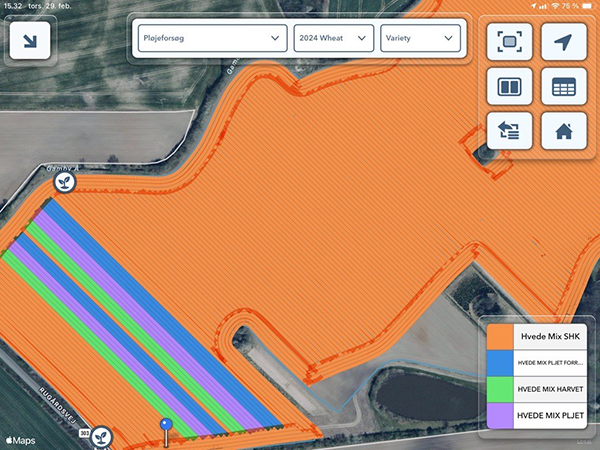 Print screen fra FieldView, der viser kortlægning af parceller i forbindelse med såning